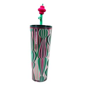 Starbucks holiday pink green tumbler with straw and topper nwt